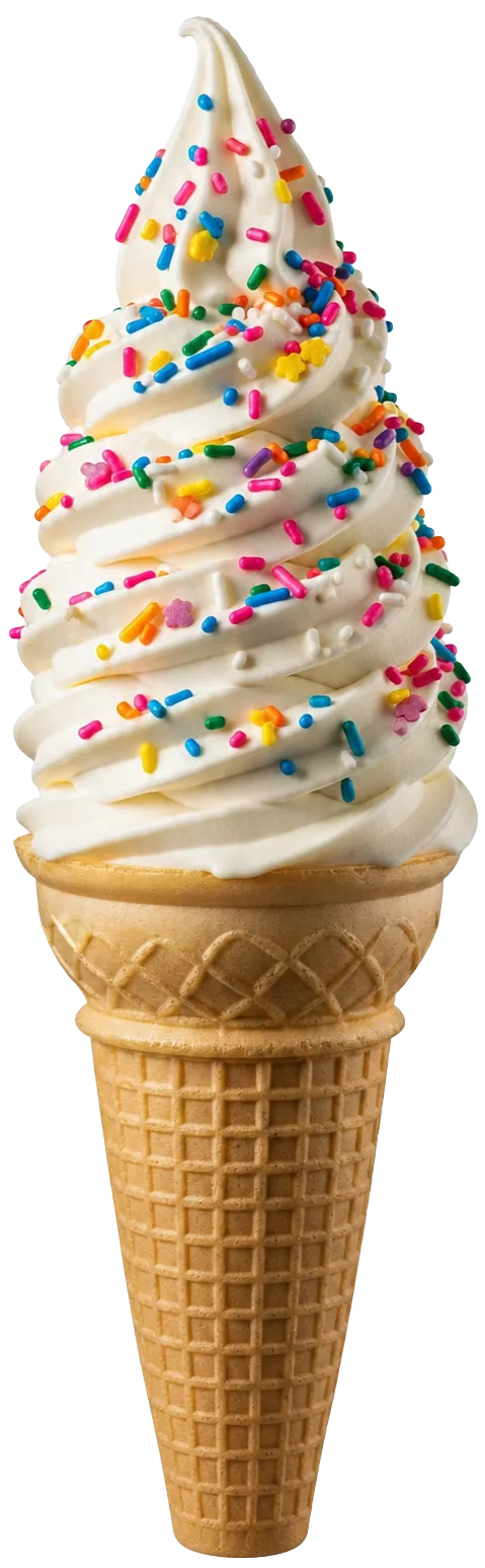 Creamy vanilla soft serve cone topped with rainbow sprinkles